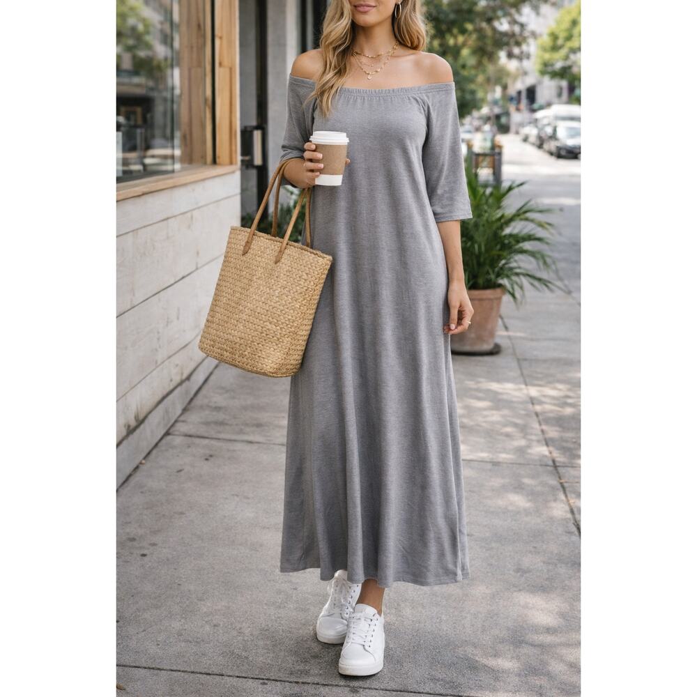 Elegant Gray Off-Shoulder Maxi Dress